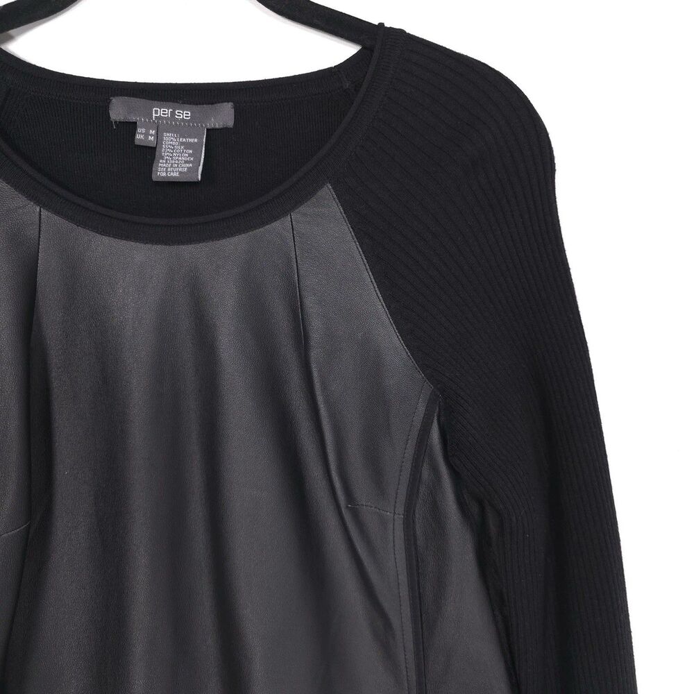 per se GENUINE LEATHER Women’s Top Sweater MEDIUM Black Combo SILK Blend Long Sl - Picture 7 of 9